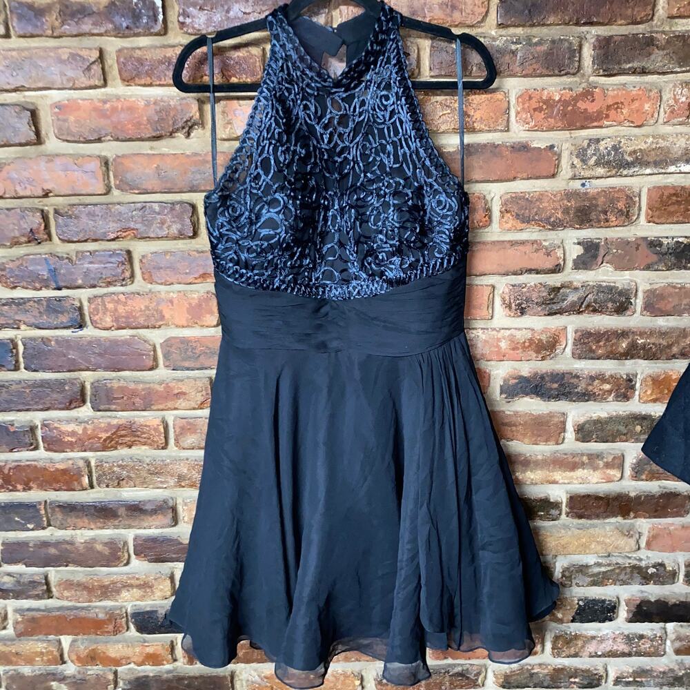 Alberto Makali Black Sleeveless High Neck Embroidered Mini A-Line Dress Size 12